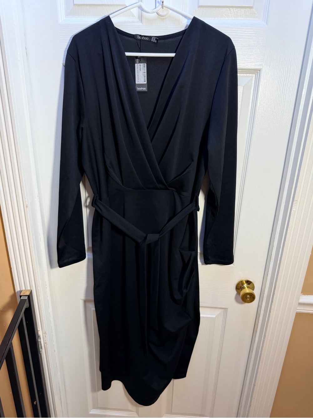 Boohoo Black Wrap Midi Dress with Belt
